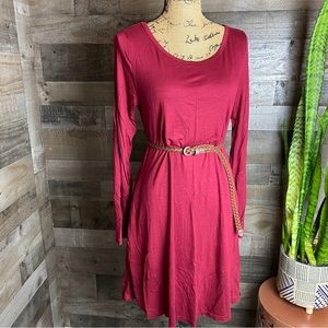 Auselily burgundy long sleeve dress with pockets